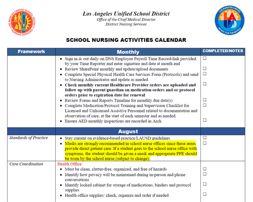 Monthly Priorities - School Nursing Activities Calendar